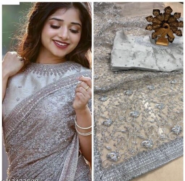 CHARVI DRISHYA   Net Grey Color Sarees With  Banarsi Silk Running Blouse -  Free Size,  Grey,  Net,  Pack of1